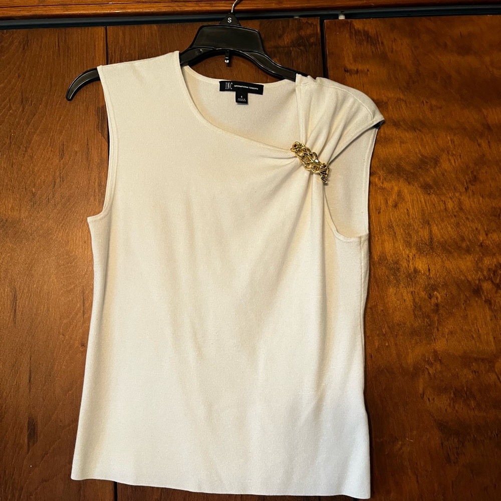INC International Concepts Cream Sleeveless Chain-Accent Top